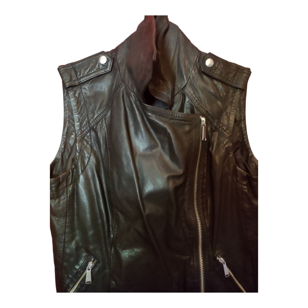 Aqua 100% Leather Black Moto Vest Asymmetrical Zipper Notched Lapel - Picture 4 of 10